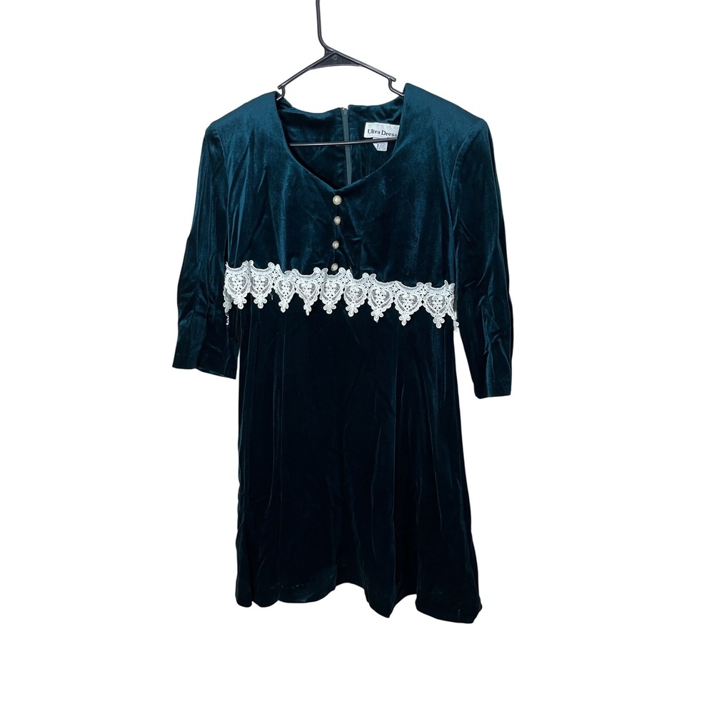 Ultra‎ Dress New York Green Velvet Lace Trimmed Button Front Midi Dress Size 10P